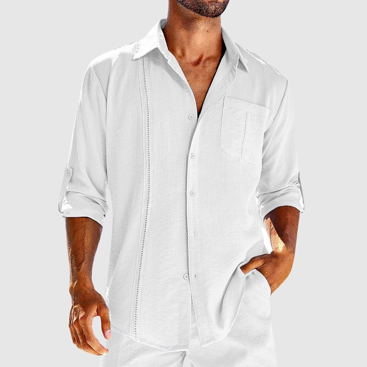 Chemise à bouton en lin, manches retroussées, poche poitrine, col classique, décontracté