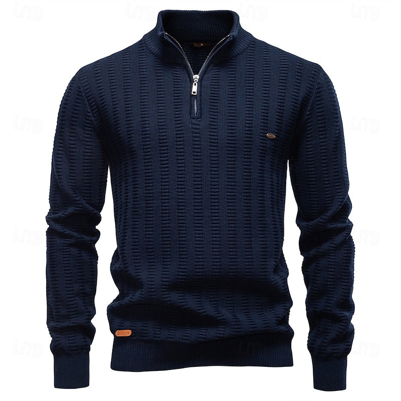 Menâs Textured Half Zip Pullover with Stand Collar