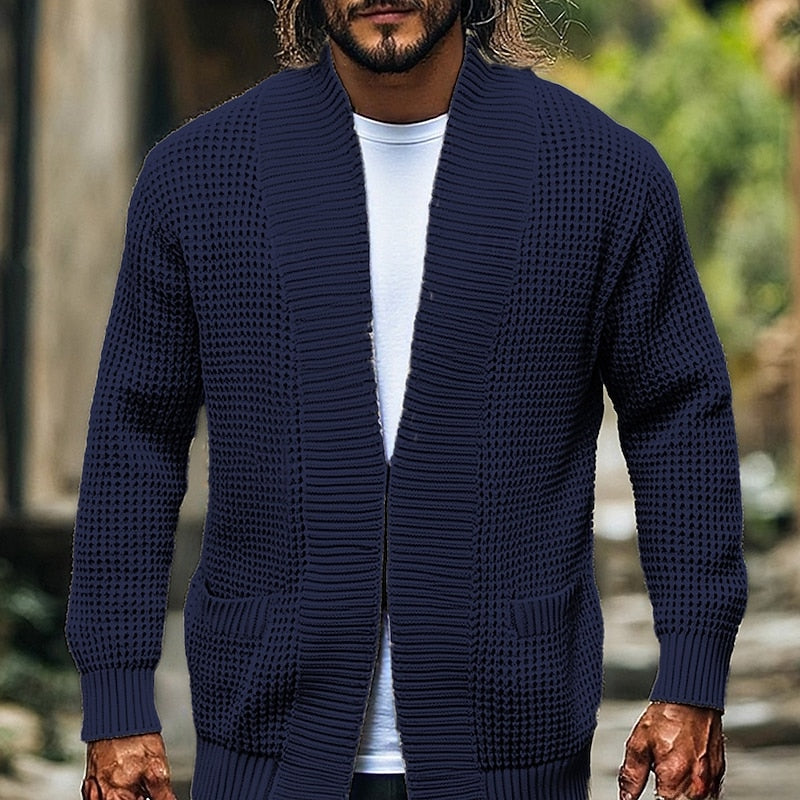 Men’s Open Front Cardigan Waffle Knit with Front Pockets