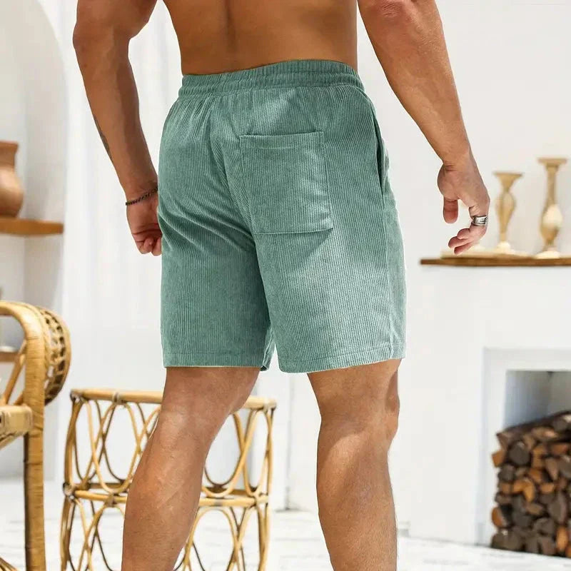 Shorts à cordon côtelés pour hommes en mélange de coton, coupe décontractée, mi-cuisse, poche avant, décontracté