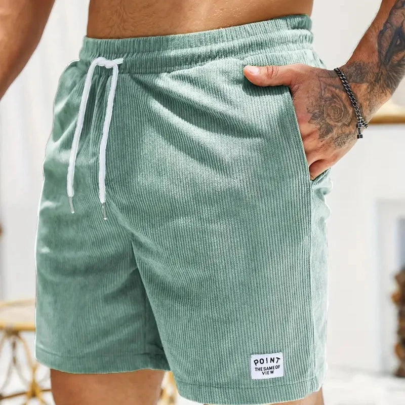 Shorts à cordon côtelés pour hommes en mélange de coton, coupe décontractée, mi-cuisse, poche avant, décontracté