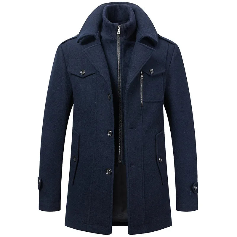 Men's Stand Collar Overcoat with Zip and Button Front and Wide Lapel