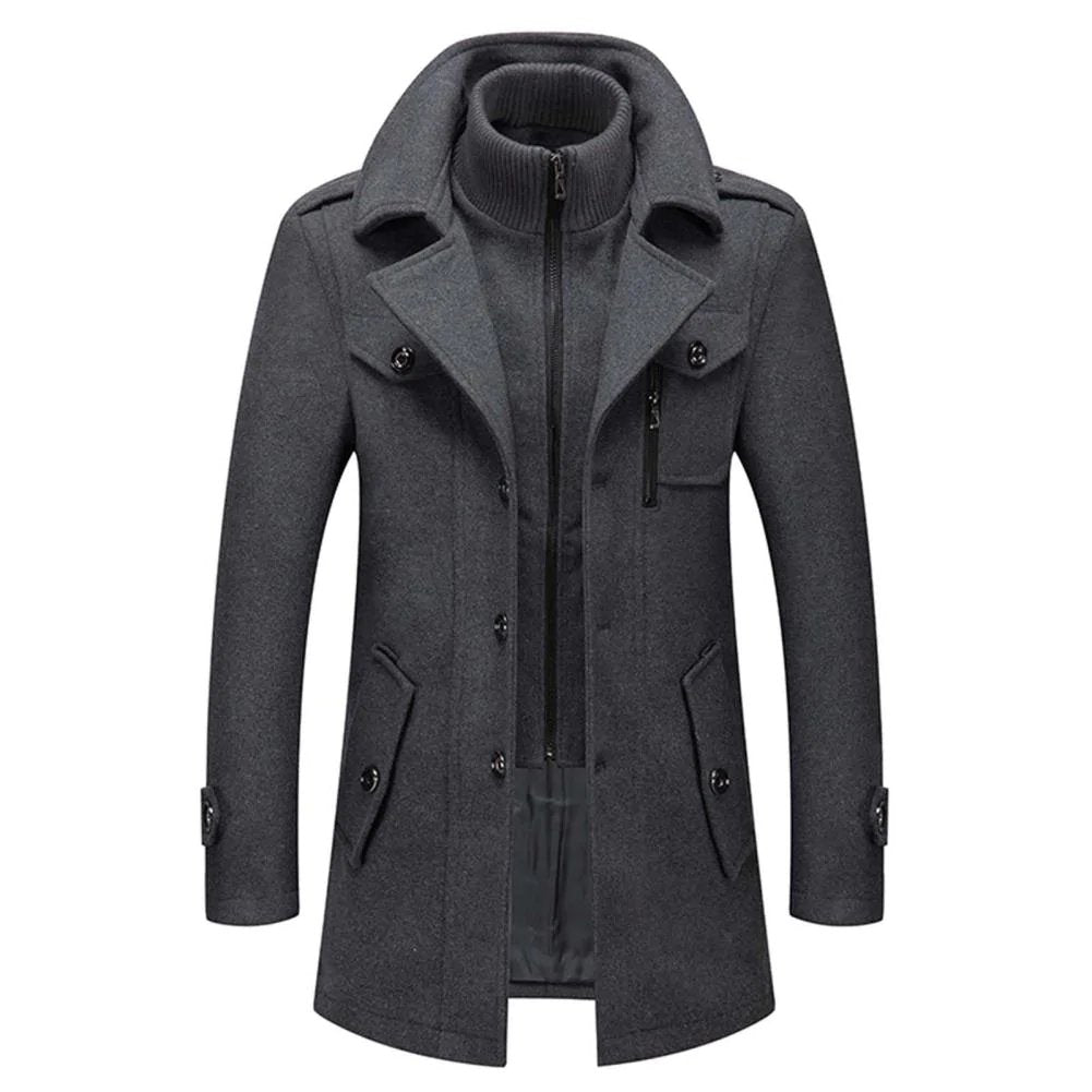 Men's Stand Collar Overcoat with Zip and Button Front and Wide Lapel