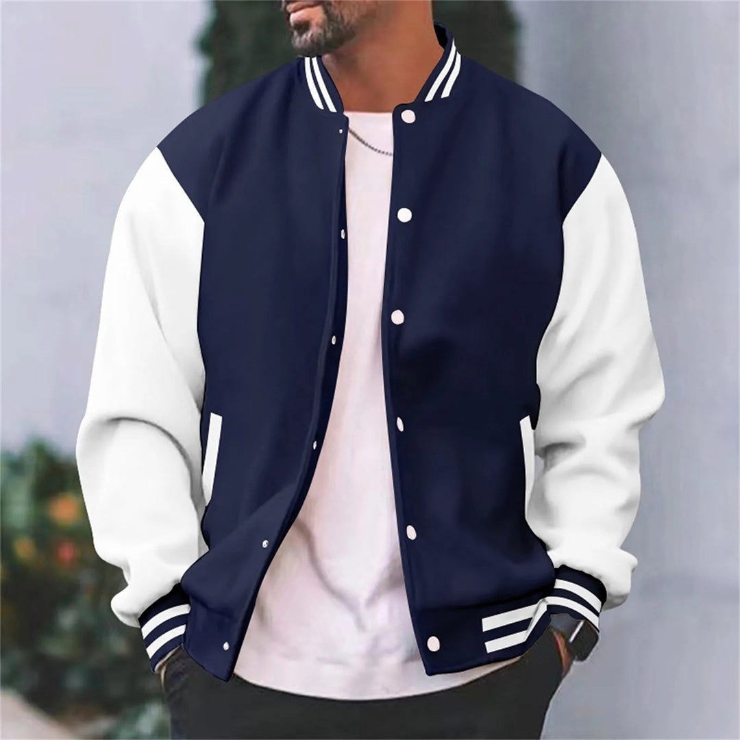 Men's Varsity Jacket Contrast Sleeve Ribbed Collar Snap Button Baseball Jacket