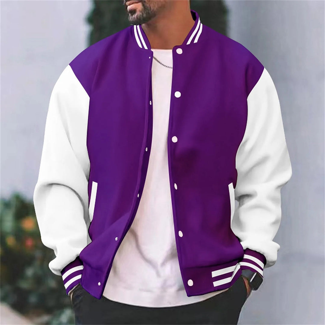 Men's Varsity Jacket Contrast Sleeve Ribbed Collar Snap Button Baseball Jacket
