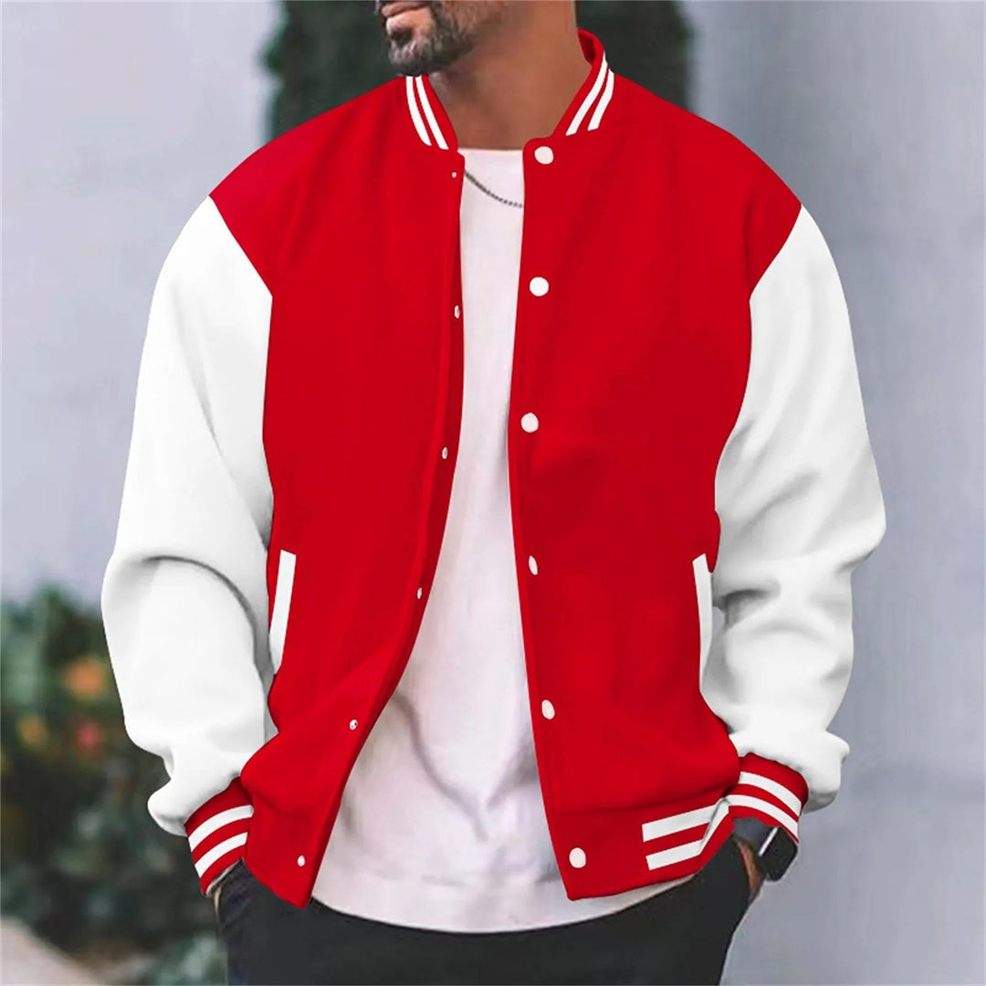 Men's Varsity Jacket Contrast Sleeve Ribbed Collar Snap Button Baseball Jacket