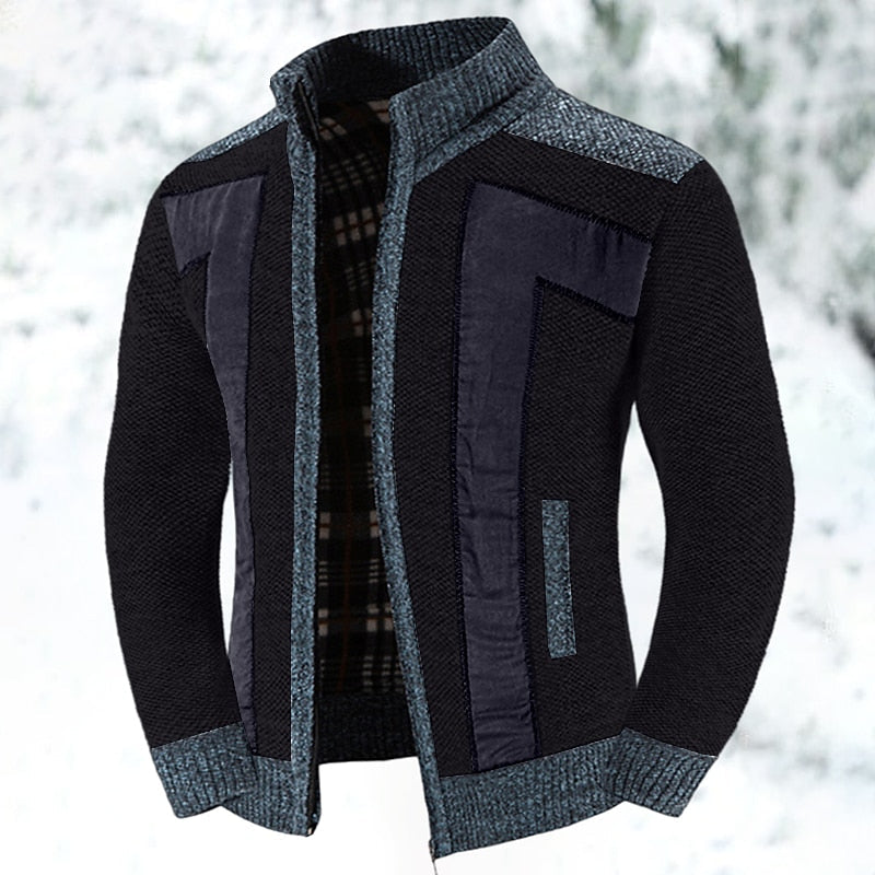 Menâs Textured Zip Cardigan with Stand Collar and Panel Detailing