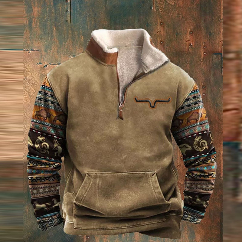 Men’s Regular-Fit Quarter-Zip Fleece Pullover with Geometric Patterned Sleeves