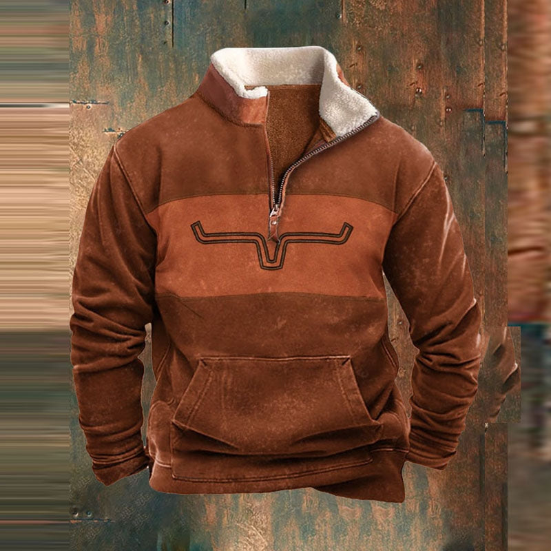 Men’s Regular-Fit Quarter-Zip Fleece Pullover with Geometric Patterned Sleeves