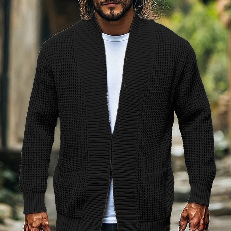 Men’s Open Front Cardigan Waffle Knit with Front Pockets