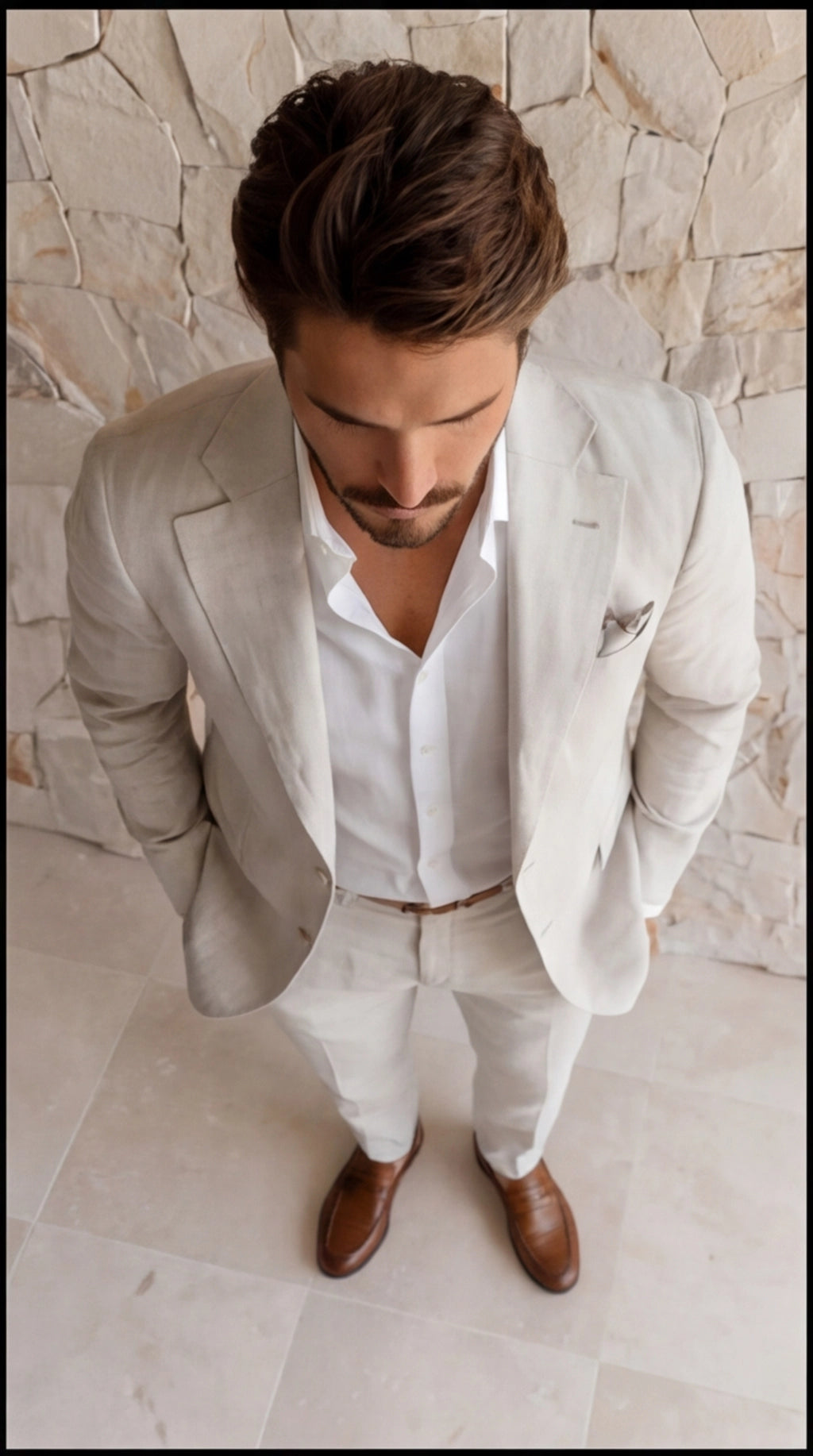 Suit Linen Blend Notch Lapel Slim Fit Two Piece
