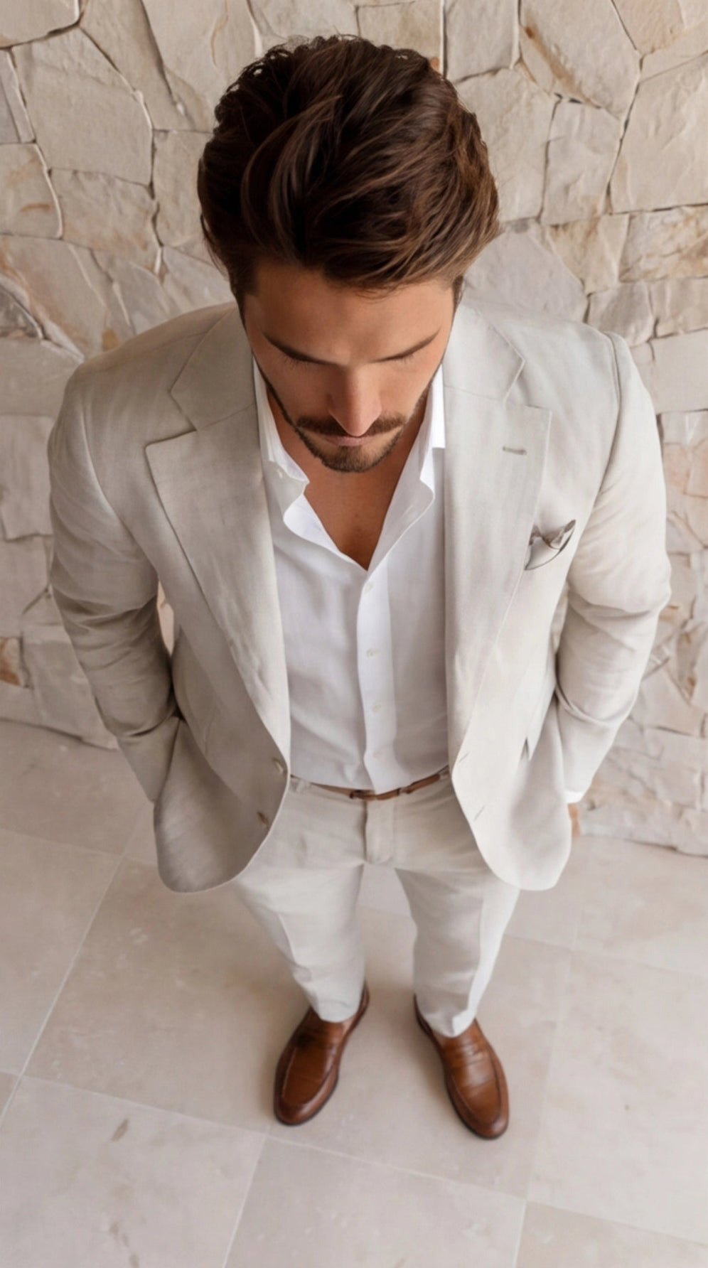 Costume en mélange de lin avec revers cranté coupe slim deux pièces