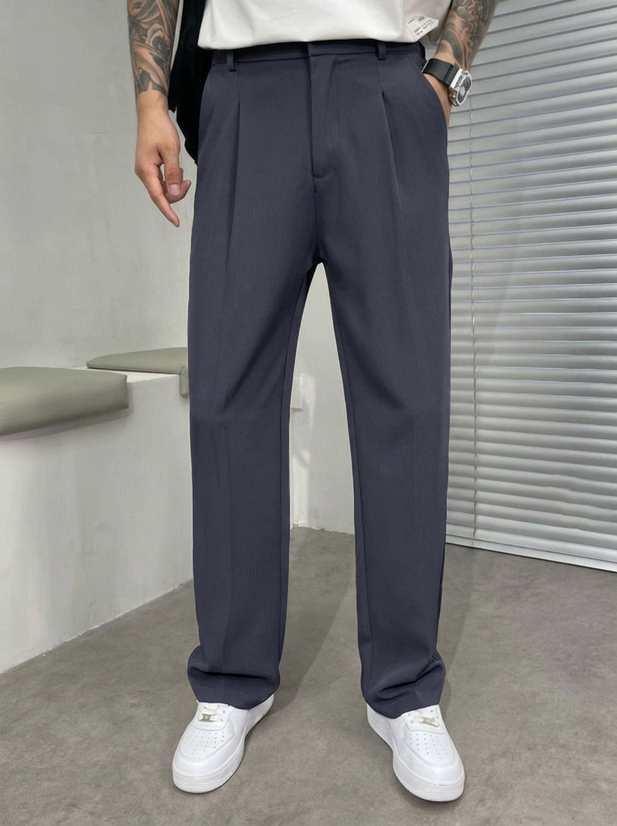 Men's Straight Leg Casual Trousers with Belt Loops and Side Pockets