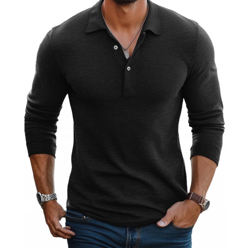 Men's Long Sleeve Polo Knit Fabric Button Placket Slim Fit