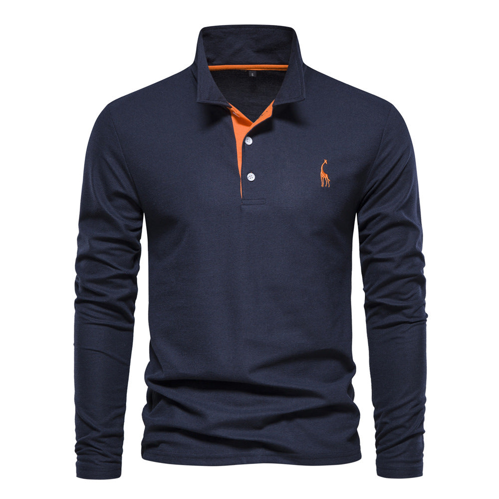 Men's Long Sleeve Polo Shirt with Contrast Placket and Embroidered Detail