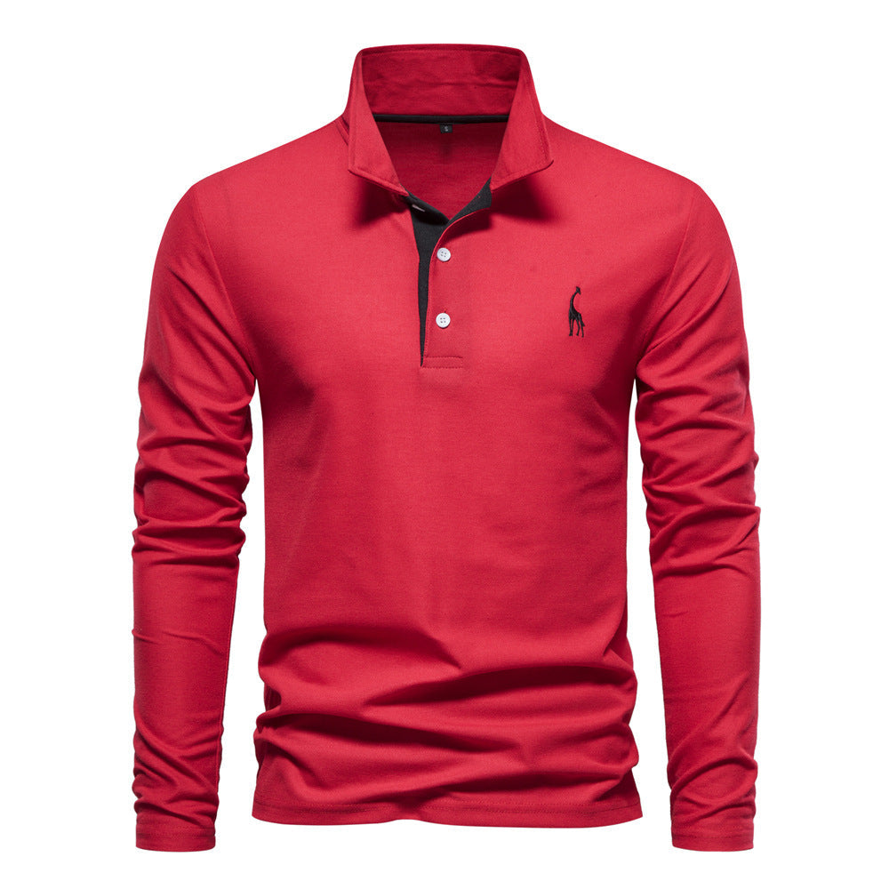 Men's Long Sleeve Polo Shirt with Contrast Placket and Embroidered Detail