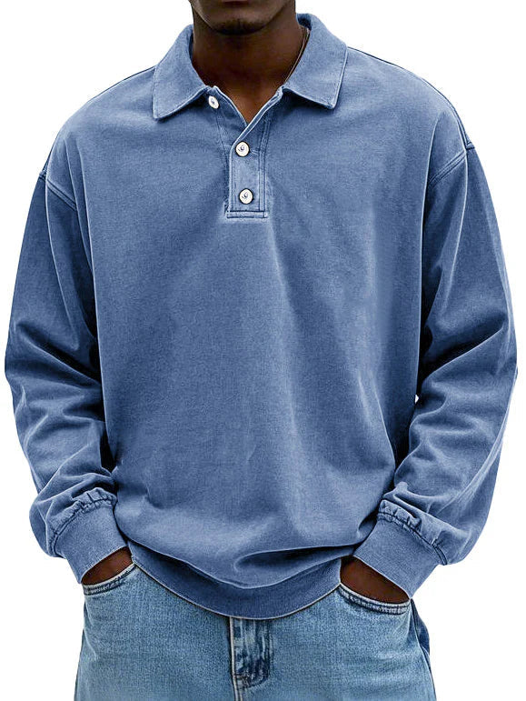 Men's Polo Sweatshirt Washed Cotton Oversized Long Sleeve Casual