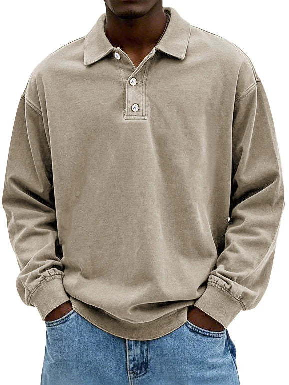 Men's Polo Sweatshirt Washed Cotton Oversized Long Sleeve Casual