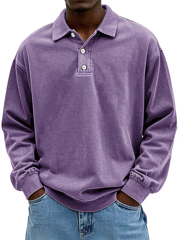 Men's Polo Sweatshirt Washed Cotton Oversized Long Sleeve Casual
