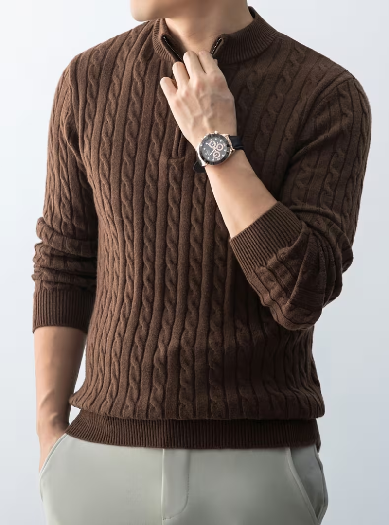 Men's Cable Knit Quarter Zip Jumper with Stand Collar