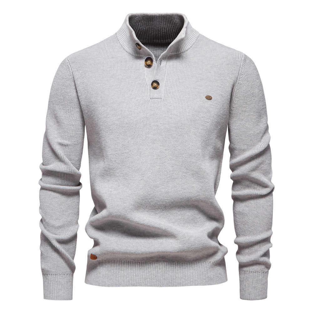 Men's Button Neck Jumper Stand Collar with Textured Knit
