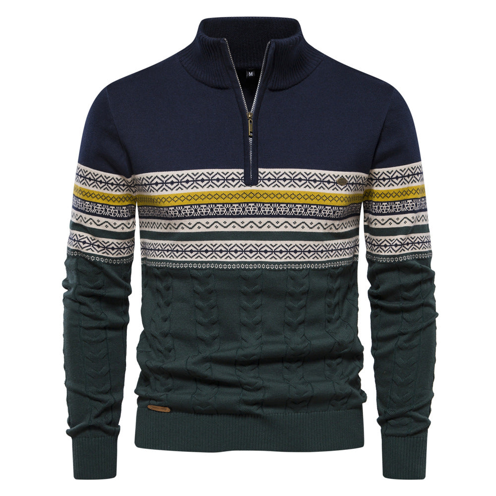 Men's Fair Isle Half Zip Jumper with Cable Knit Hem