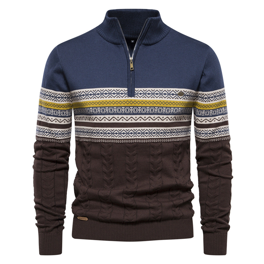 Men's Fair Isle Half Zip Jumper with Cable Knit Hem