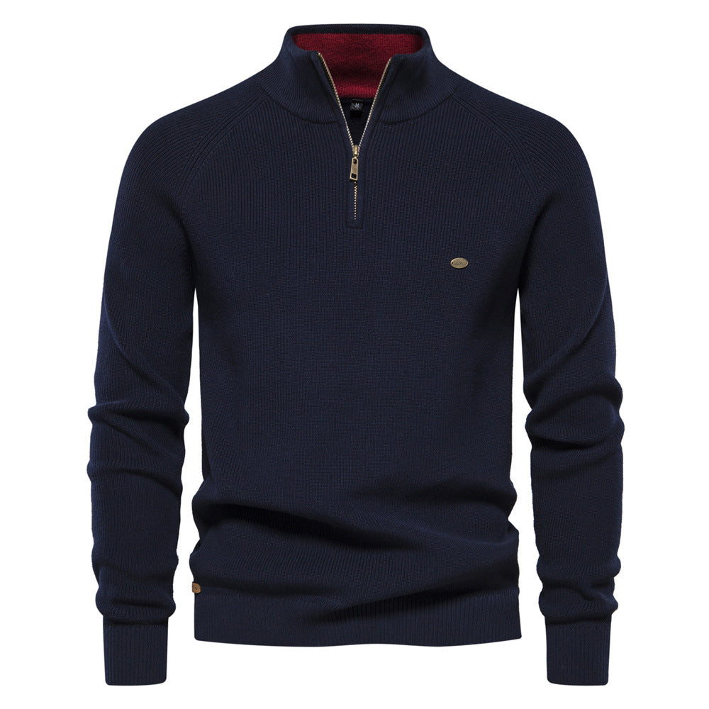 Men's Textured Half Zip Jumper with Ribbed Stand Collar