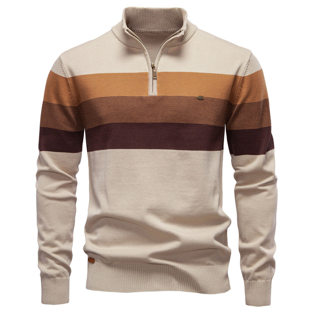 Men's Quarter Zip Striped Jumper with Stand Collar