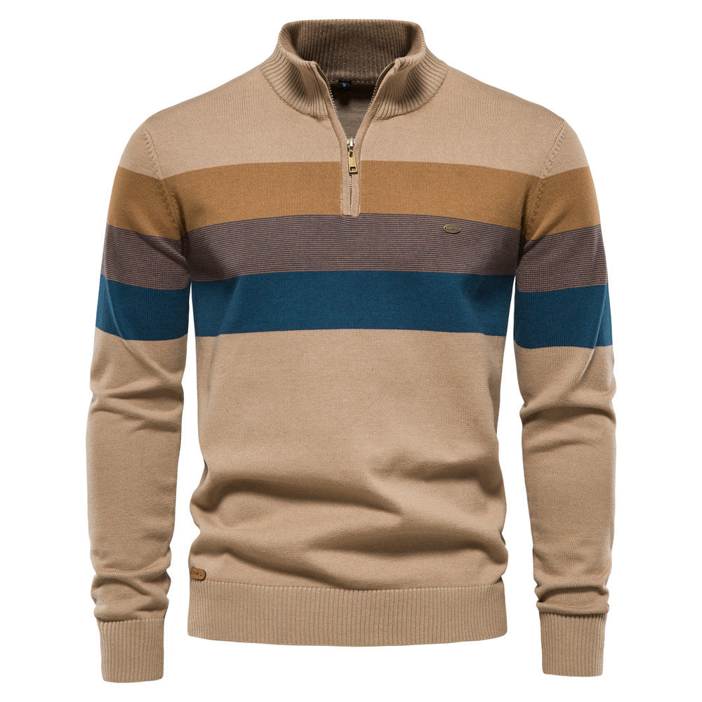 Men's Quarter Zip Striped Jumper with Stand Collar