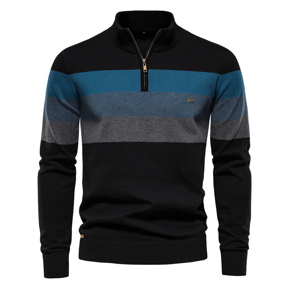 Men's Quarter Zip Striped Jumper with Stand Collar