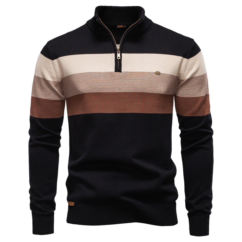 Men's Quarter Zip Striped Jumper with Stand Collar
