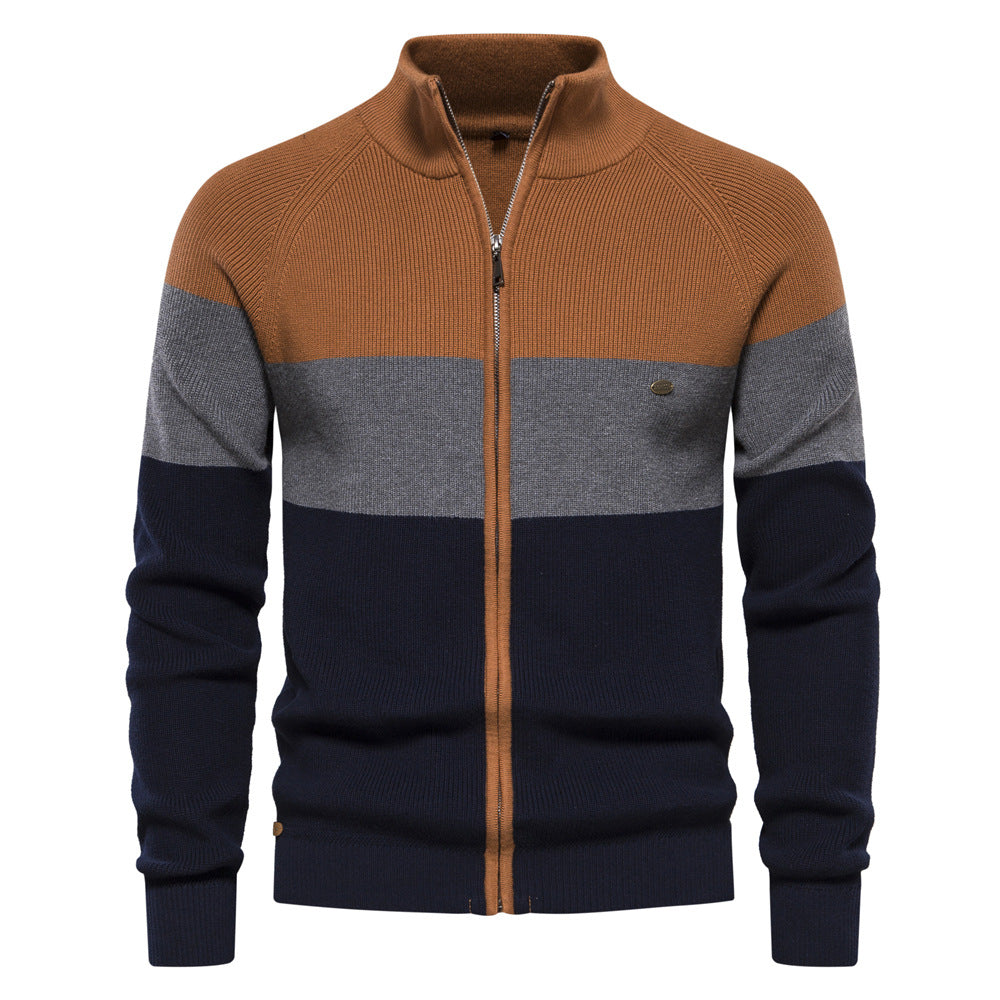 Men's Colour Block Full Zip Jumper with Stand Collar