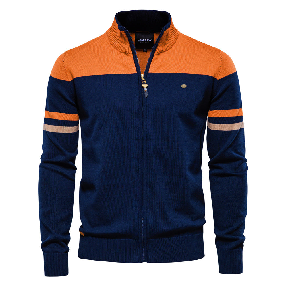 Men's Full Zip Jumper with Stand Collar and Striped Sleeve Detailing