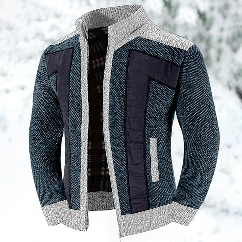 Men’s Textured Zip Cardigan with Stand Collar and Panel Detailing