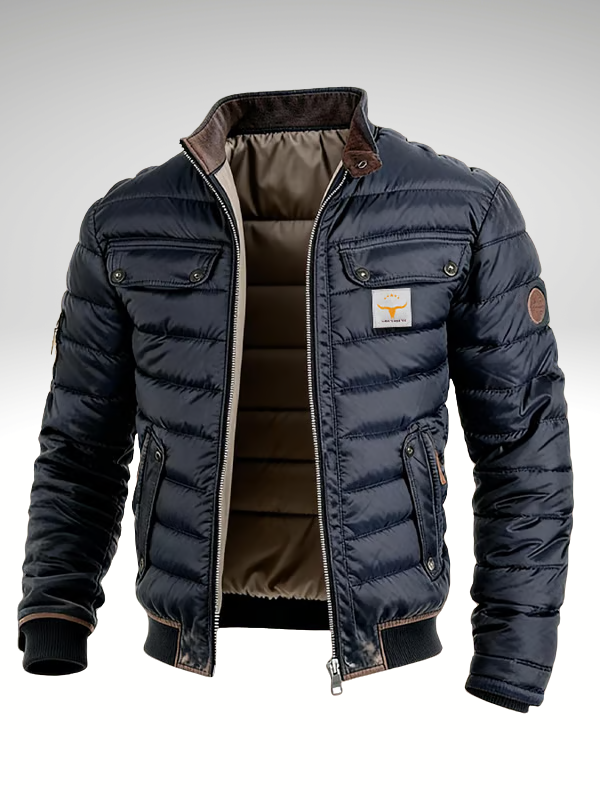 Men's Men's Quilted Jacket with Stand Collar and Zip Front in Marine