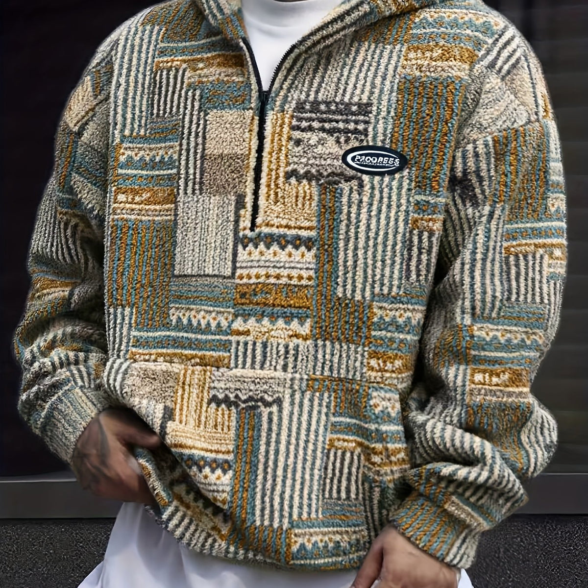Men's Men's Patterned Half-Zip Pullover with Stand Collar in Olive Green