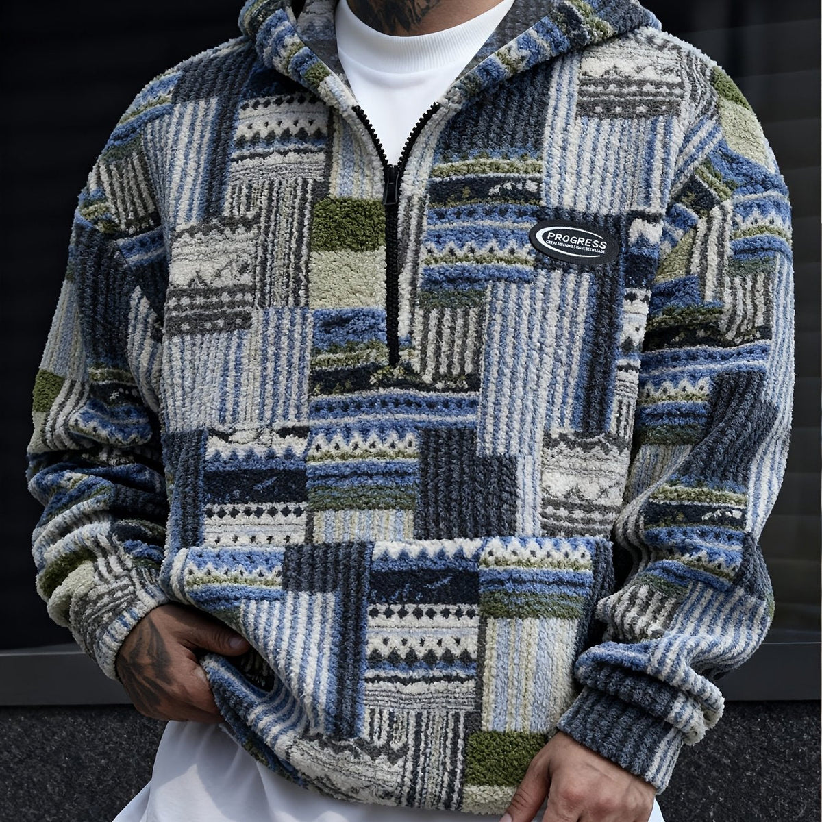 Men's Men's Patterned Half-Zip Pullover with Stand Collar in Sky Blue