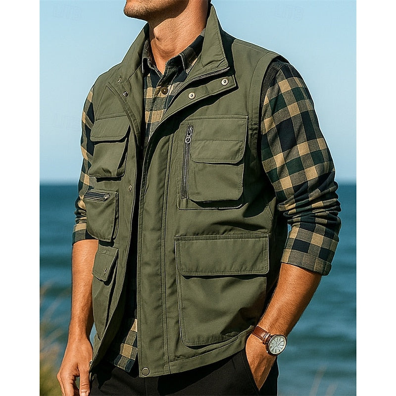 Tobias | Men's Multi-Pocket Utility Gilet with Zip Front in Army Green