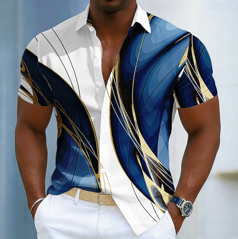 Everett | Men's Linear-Pattern Shirt with Structured Collar in Navy Blue