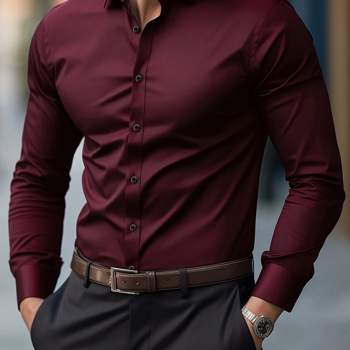 Men's long-sleeve button-up shirt in Burgundy
