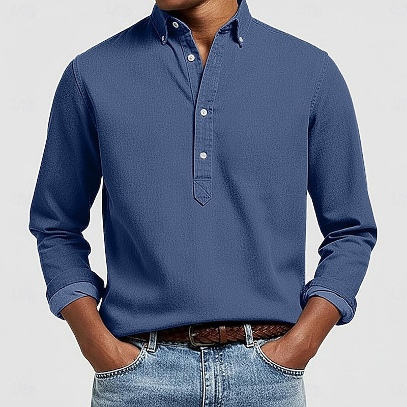 Men's Casual Popover Long-Sleeve Shirt in Dark Blue