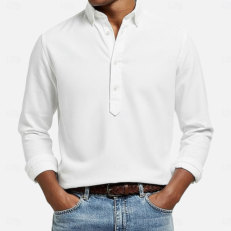 Men's Casual Popover Long-Sleeve Shirt in White