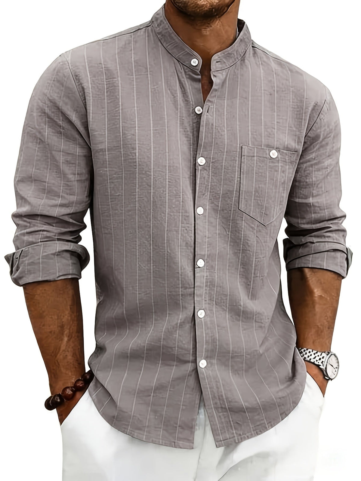 Men's Striped Long-Sleeve Button-Up Shirt in Grey