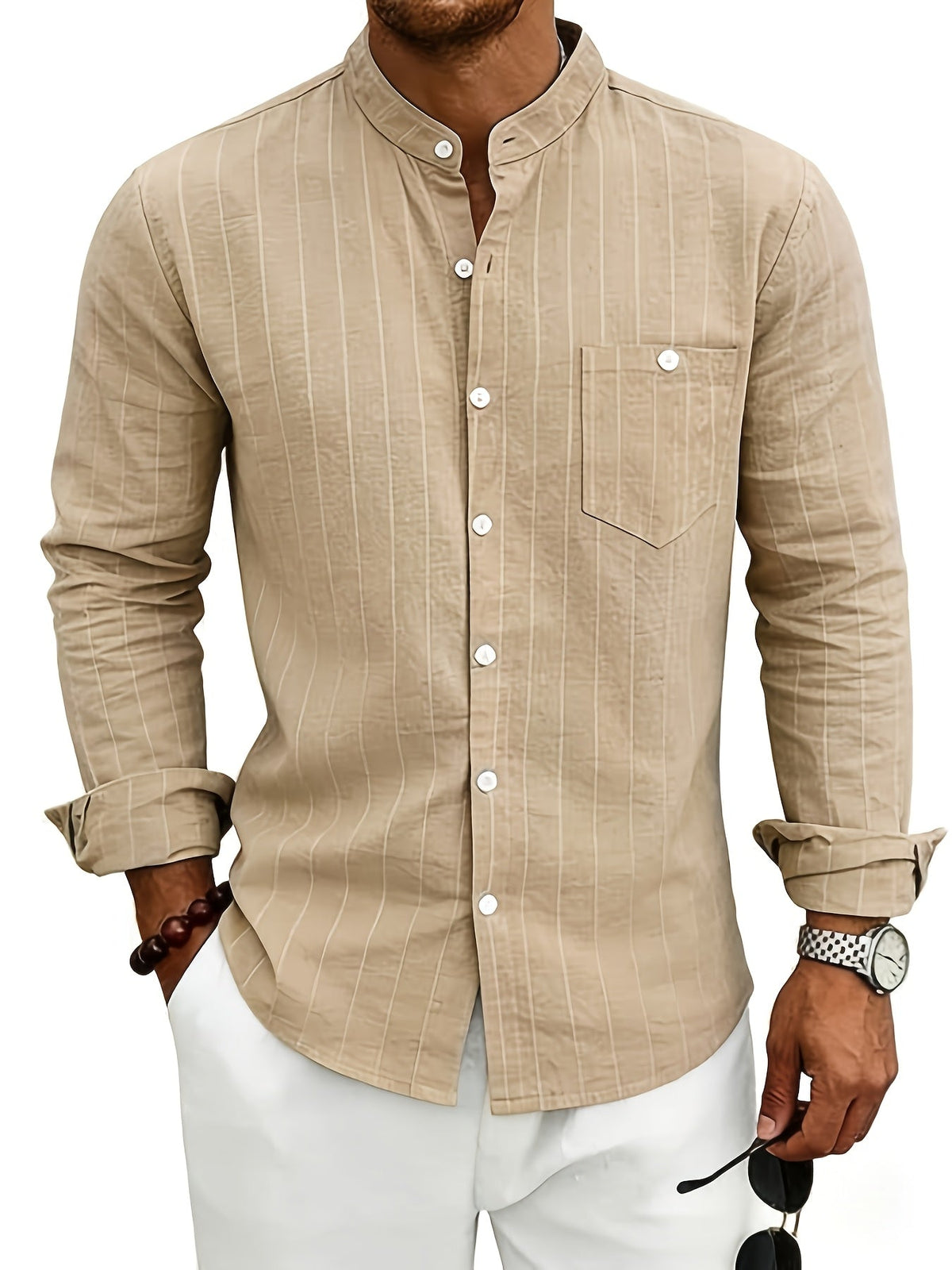 Men's Striped Long-Sleeve Button-Up Shirt in Khaki