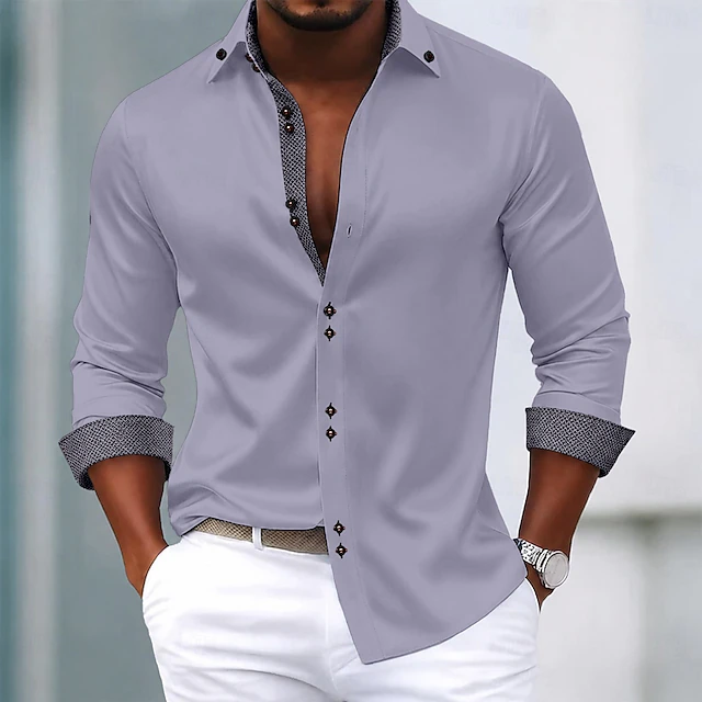 Men's Contrast-Trim Long-Sleeve Shirt in Grey