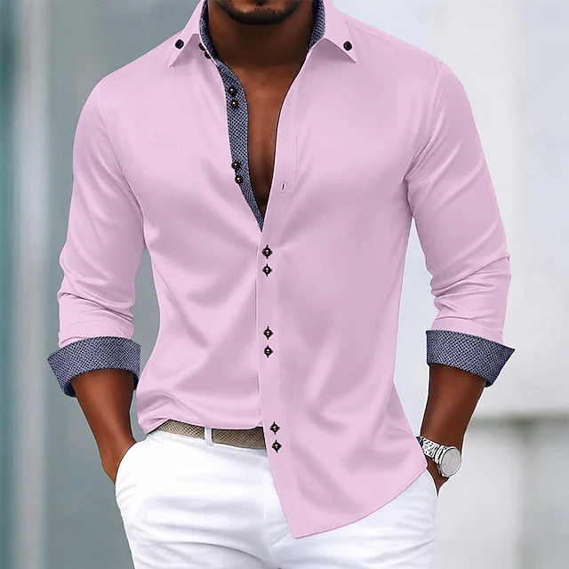 Men's Contrast-Trim Long-Sleeve Shirt in Pink