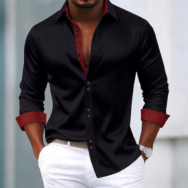 Men's Contrast-Trim Long-Sleeve Shirt in Black