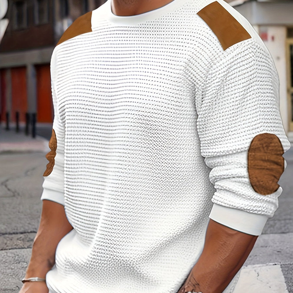 Men's Textured Elbow-Patch Pullover White
