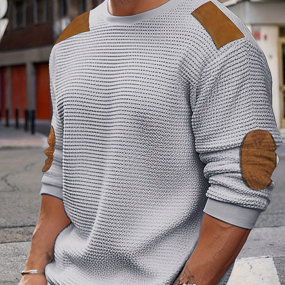 Men's Textured Elbow-Patch Pullover Grey